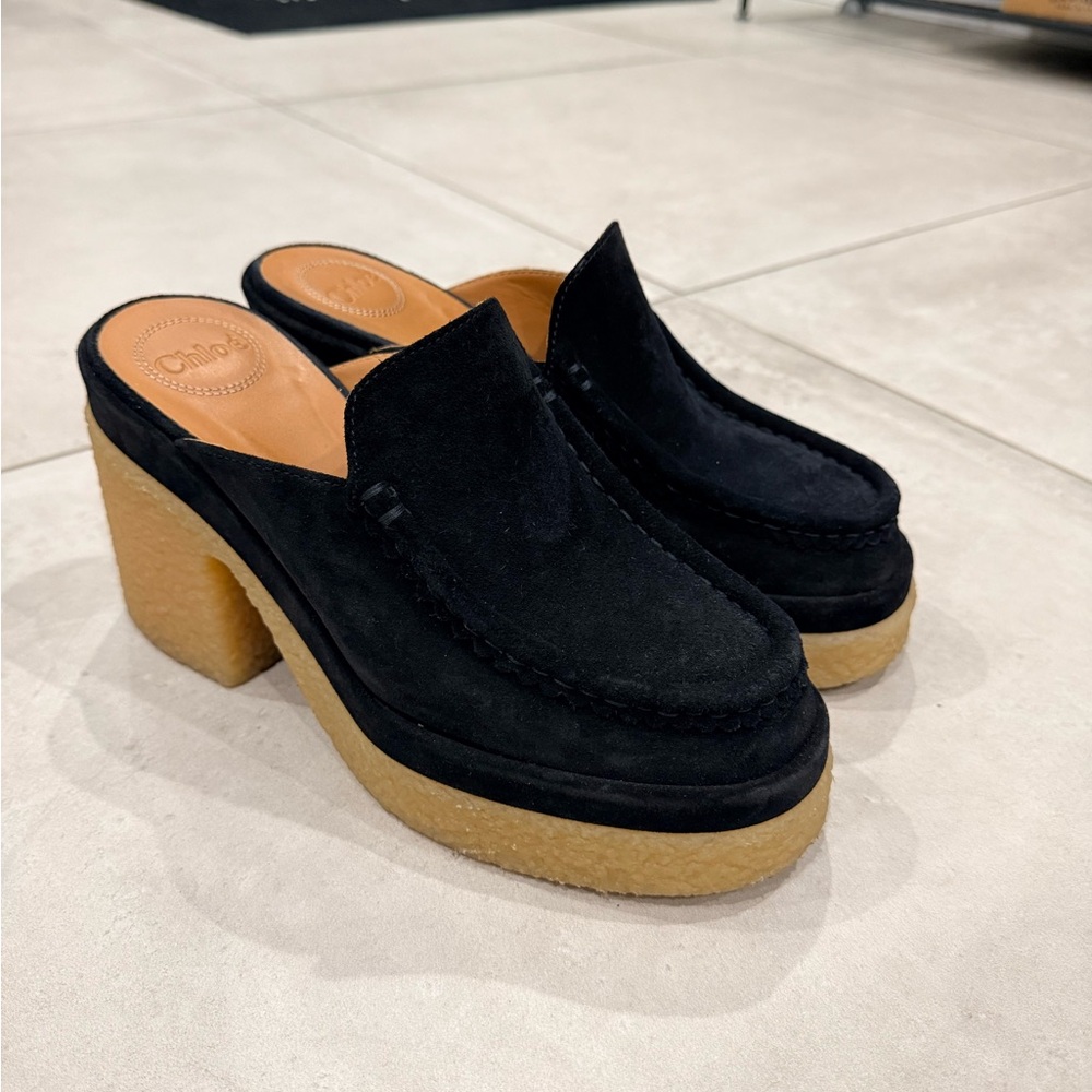 Chloe Black Suede Mules with Tan Soles